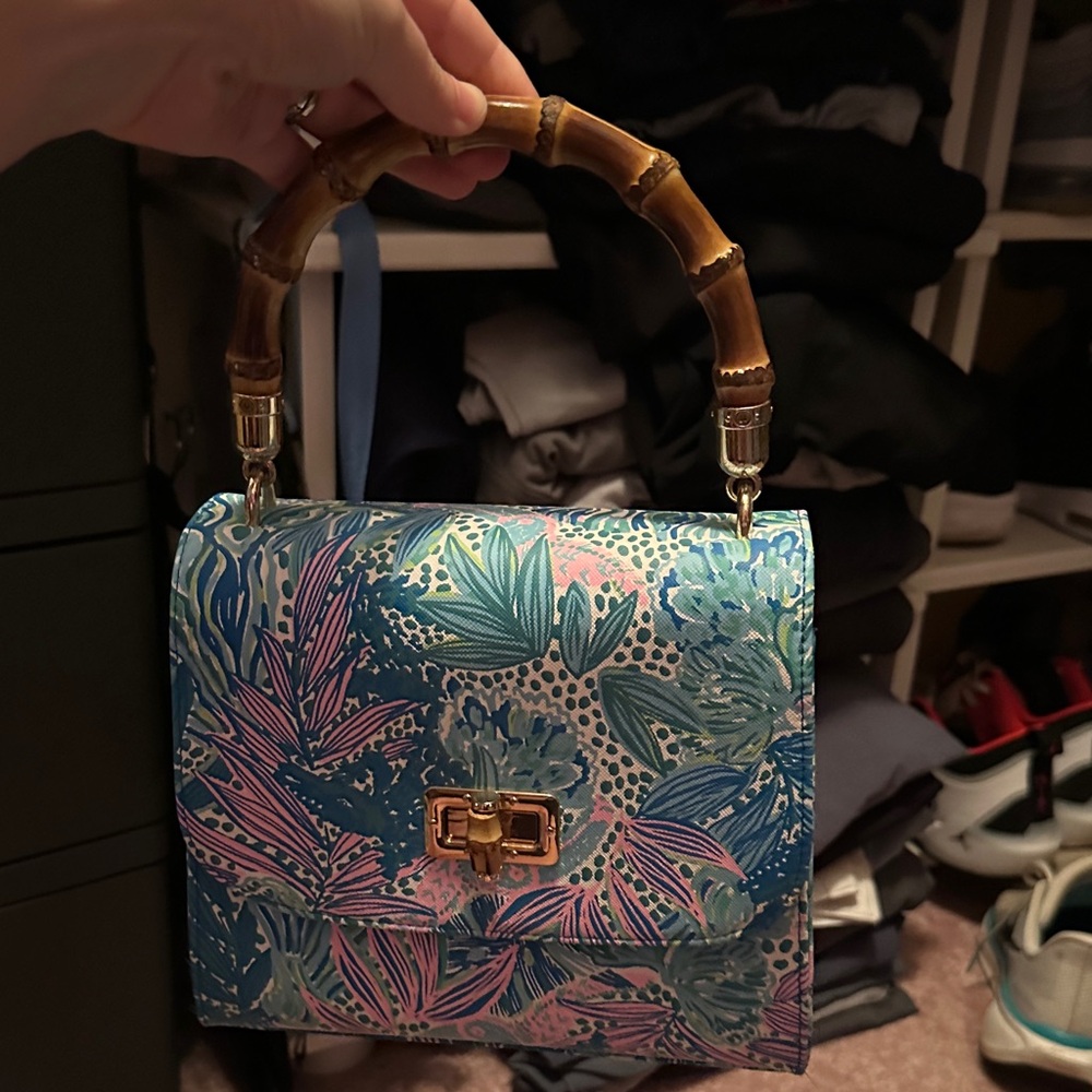 Lilly Pulitzer Blue and Pink Tropical Bag with Bamboo Handle